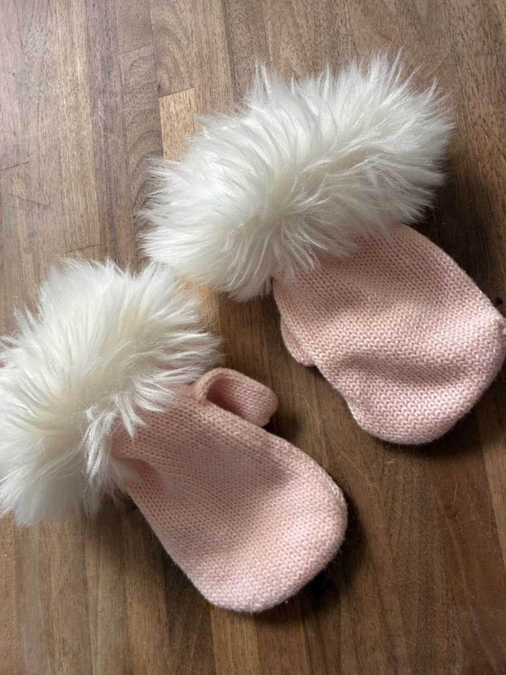 Janie and Jack Blush Pink Knit Mittens with Cream Faux Fur Cuffs